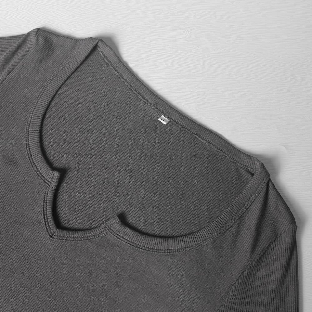 Women's Grey Long Sleeve Scoop Neck V Notch Slim Fitted Casual Basic Crop Top - Picture 3 of 5